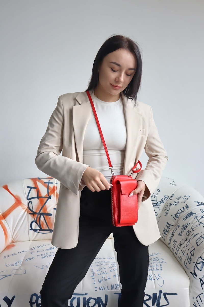 Кожаная сумка – кошелек красного цвета 9395 фото